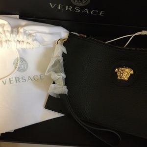 Versace Black Leather Gold Medusa 9.5 " Wristlet